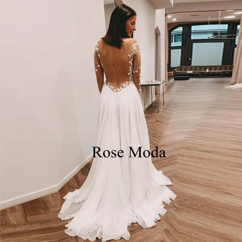 Rose Moda Backless Long Lace Sleeves Chiffon Wedding Dress Destination Bridal Gown Custom Make