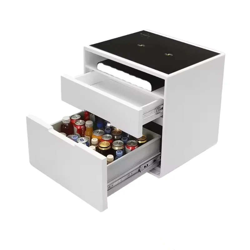 

Deluxe Room Furniture Smart Bluetooth Two Drawers White Bedside Table Mini Refrigerator Wireless Phone Charging Bedside Table