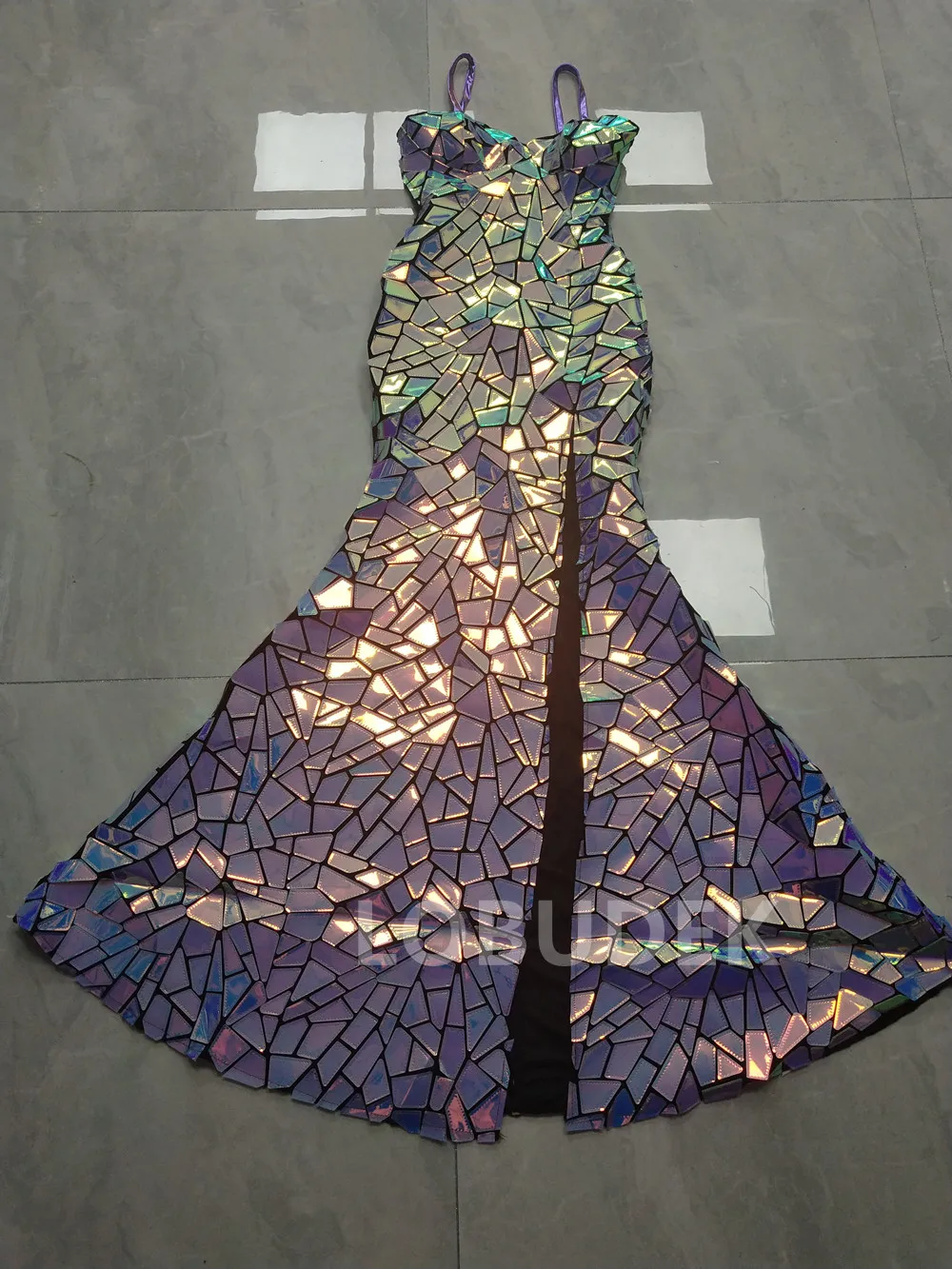 Fioletowo-niebieska laserowa lustrzana długa suknia z rozcięciem, kostium sceniczny dla piosenkarki, taniec, występ, klub, impreza, suknia z trenem, pokaz