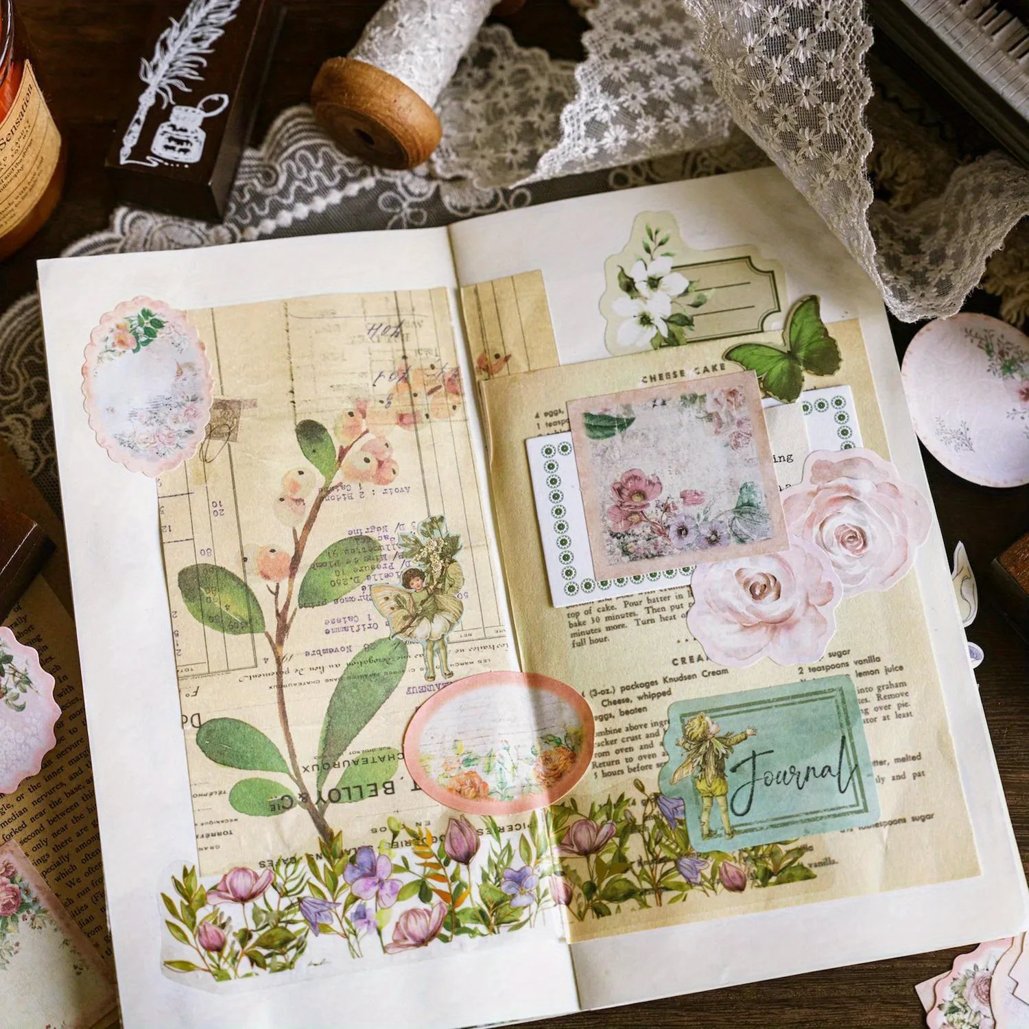 Retro Flower Writing Sticker Flakes Watercolor Rose Lace Decorative Stickers for Junk Journal Scrapbooking Planner DIY Supply