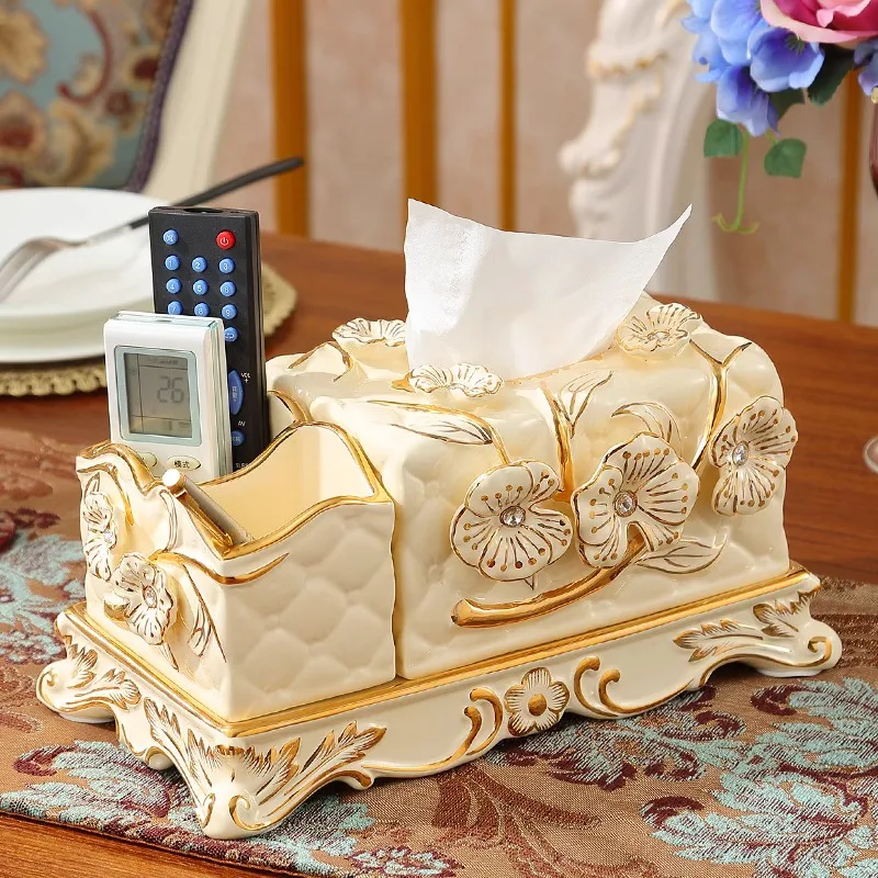 Luxury European ceramic tissue box Light luxury living room Multifunctional pumping carton Remote control Storage box Ornament