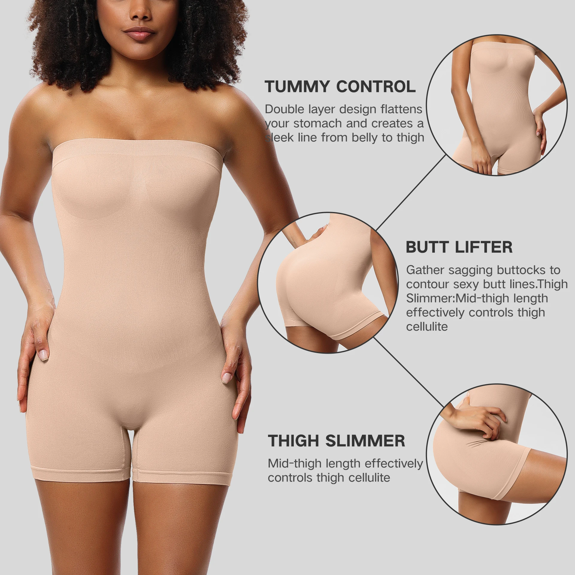 Women's Shapewear Removable Straps Bodysuits Tummy Control Butt Lifter Body Shaper Strapless Seamless Mid Thigh Jumpsuit Tops