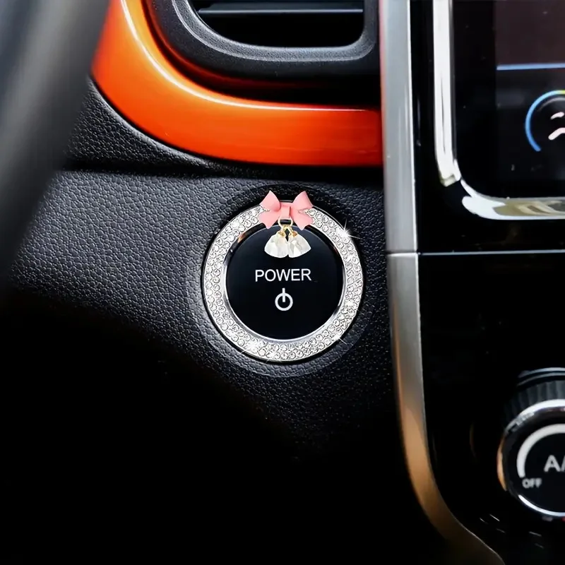 Car One Click Start Decoration Sticker, Fashionable Diamond Studded Bow, Crystal Bell Pendant, Ignition Ring for Ladies