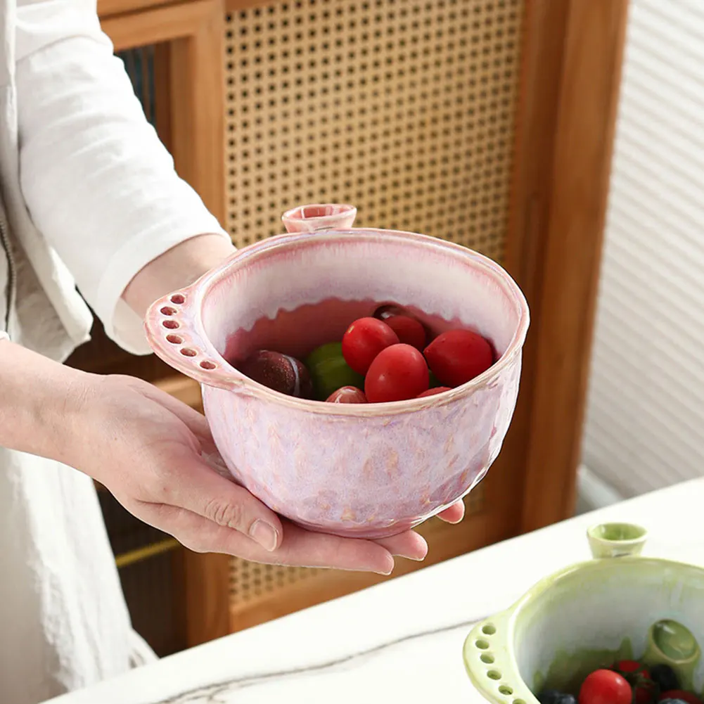 Ceramic Fruit Rinse Bowl With Drain Holes Quick-Drain Gentle Delicate Fruits Cleaning Kitchen Water Filter For Fruits Vegetables