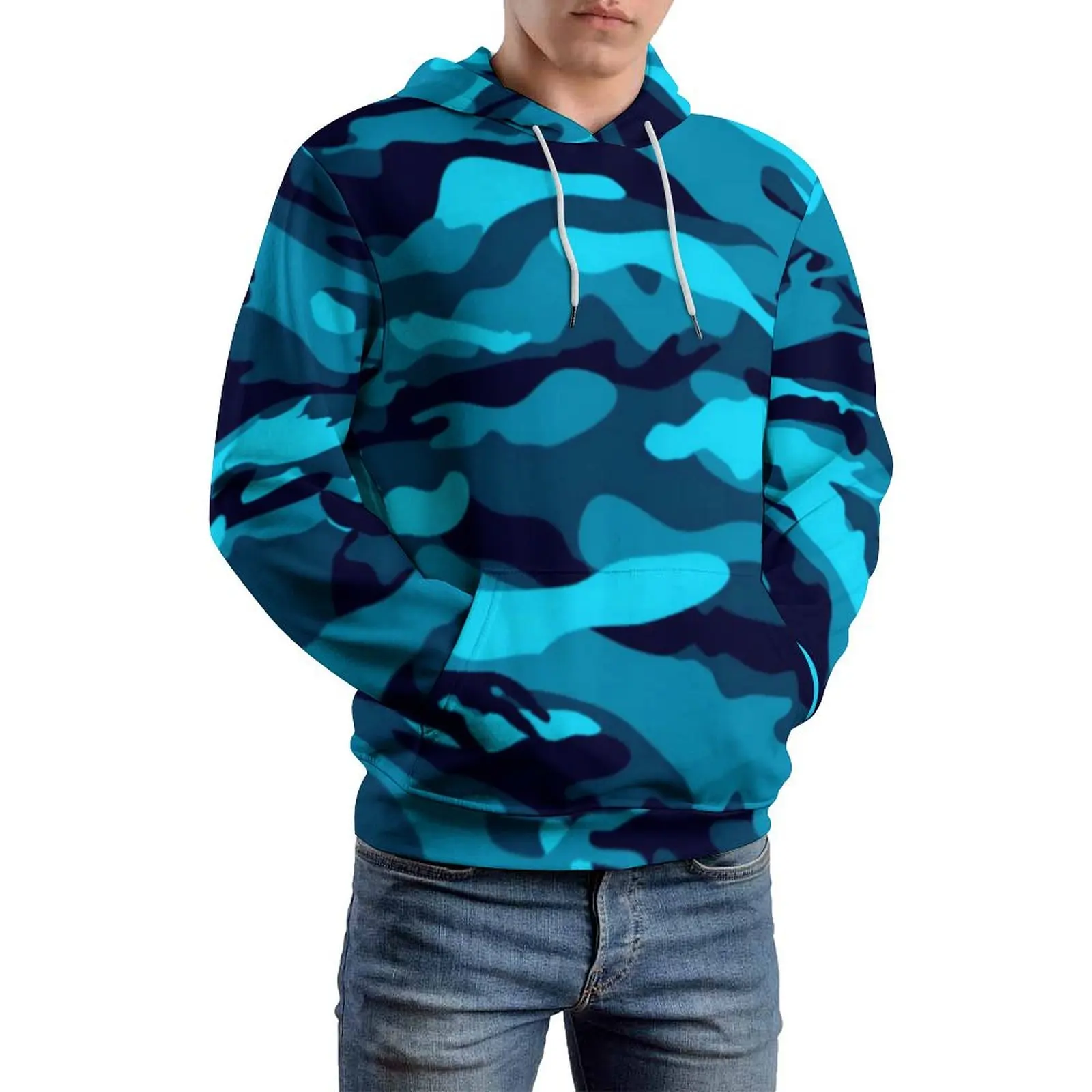 

Blue Camo Print Loose Hoodies Colorful Camouflage Aesthetic Hoodie Man Long-Sleeve Oversize Classic Graphic Clothing