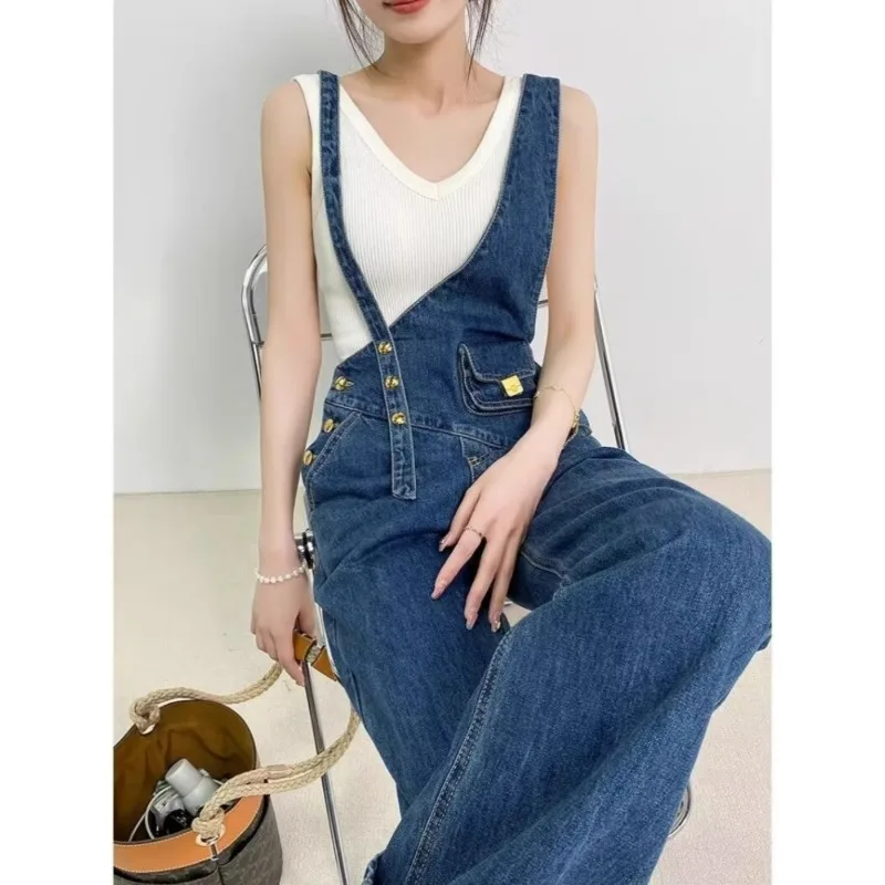 New Women's Asymmetrical Denim Overalls Spring Summer Metal Buckle Wide-leg Floor-length Trousers Female Casual Denim Jumpsuit
