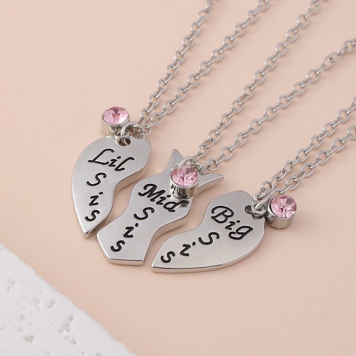 Family Love Jewelry Big Mid Lil Sis Puzzle Heart Pendant Necklace With Pink Crystal Charm Choker For Best Sister Sibling Gift