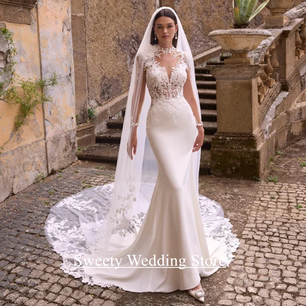 Abito da sposa sexy Vestido De Noiva maniche lunghe personalizzate vedere attraverso il corpo applique corte strascico abito da sposa a sirena