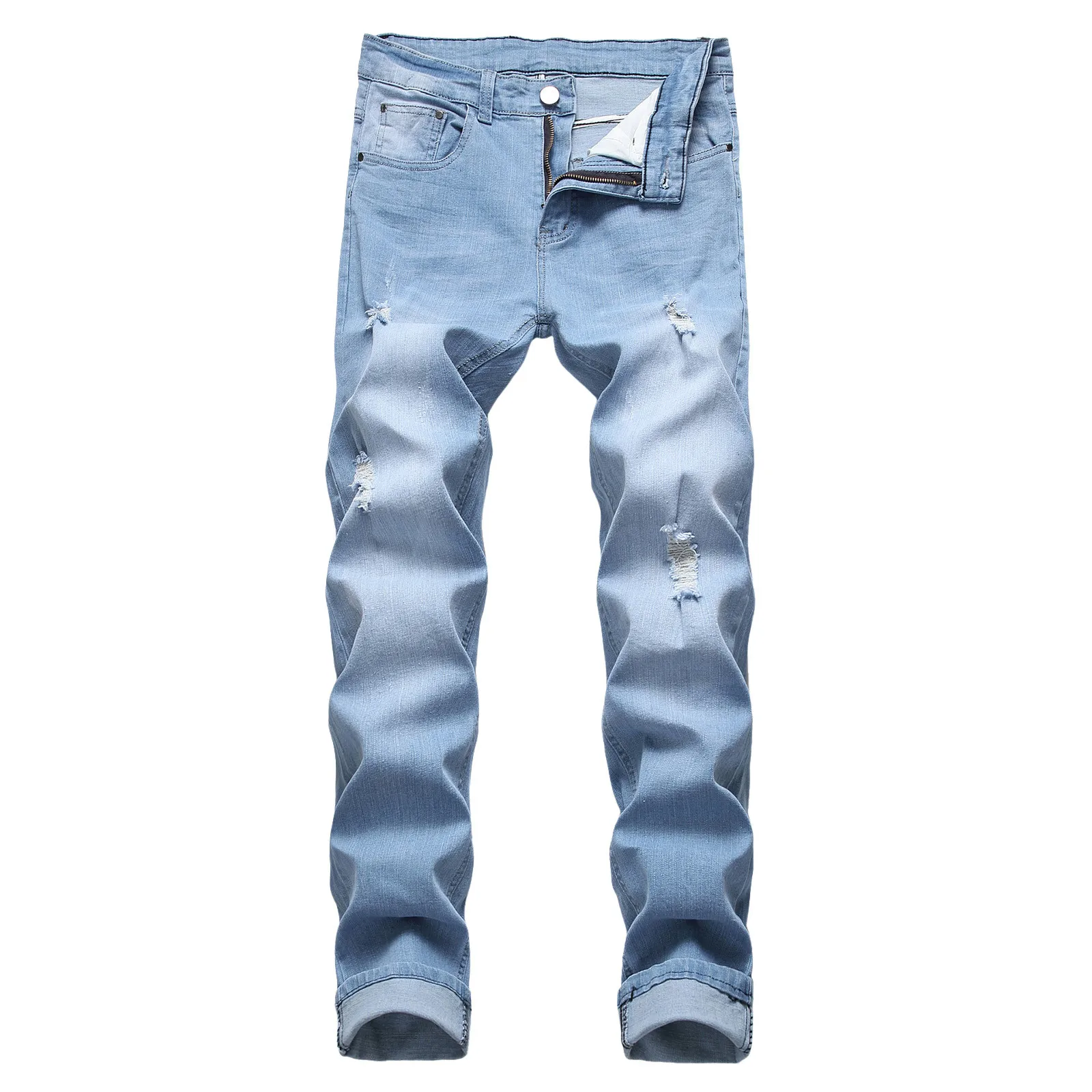 

Fashion American Men Autumn Patchwork Denim Pants Ripped Cropped Skinny Trouser Ankle-Length Slim Fit Casual Distressed Jeans