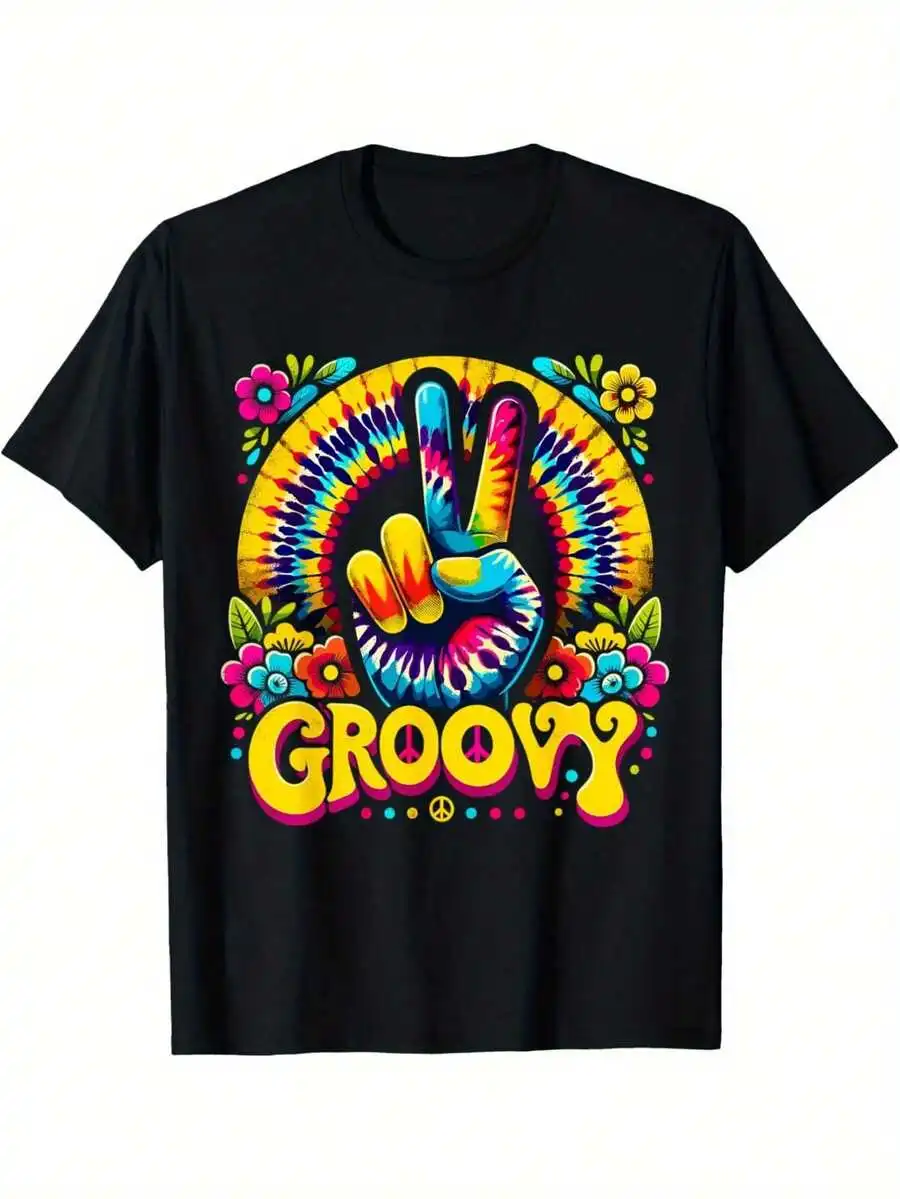 

Groovy Tie Dye Peace Sign T-Shirt Retro Hippie Style Cotton Crew Neck Loose Fit