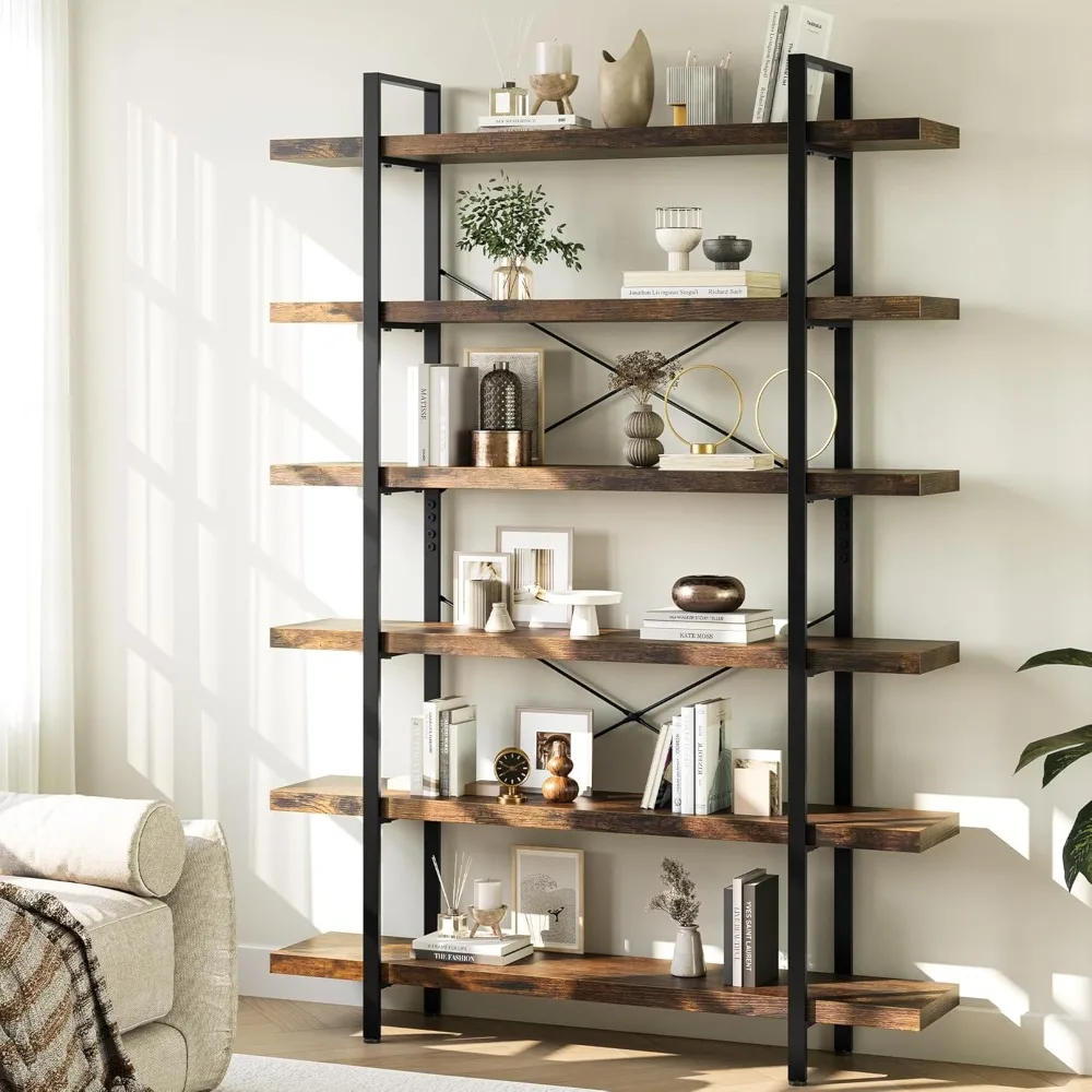 

Heavy duty 6-story industrial bookshelf, 47 wide household wooden bookshelf, 120 pound bookshelf capacity, rural open bookshelf