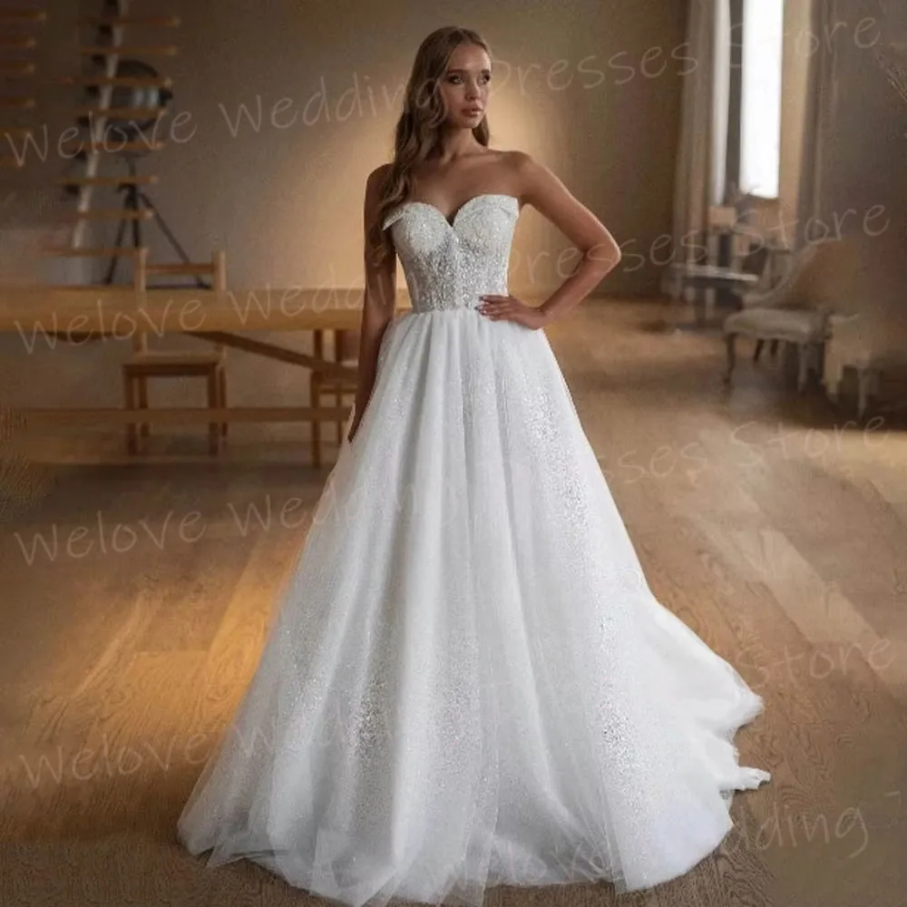 Sparkling A Line Women's Sweetheart Wedding Dresses Robe De Mariée Customized Bride Gowns Sleeveless Backless Vestido De Novia
