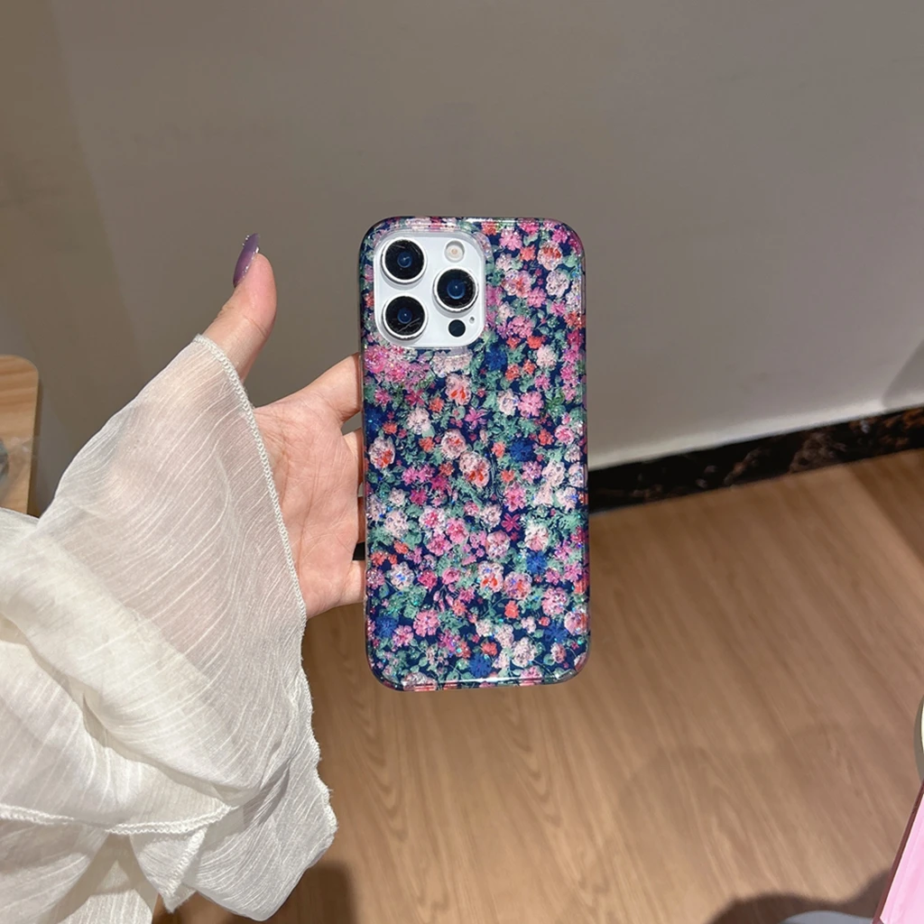 Retro Oil Painting Glitter Colorful Little Flowers Shockproof Protective Phone Cover Case for iPhone 17 16 15 14 13 Pro Max Air
