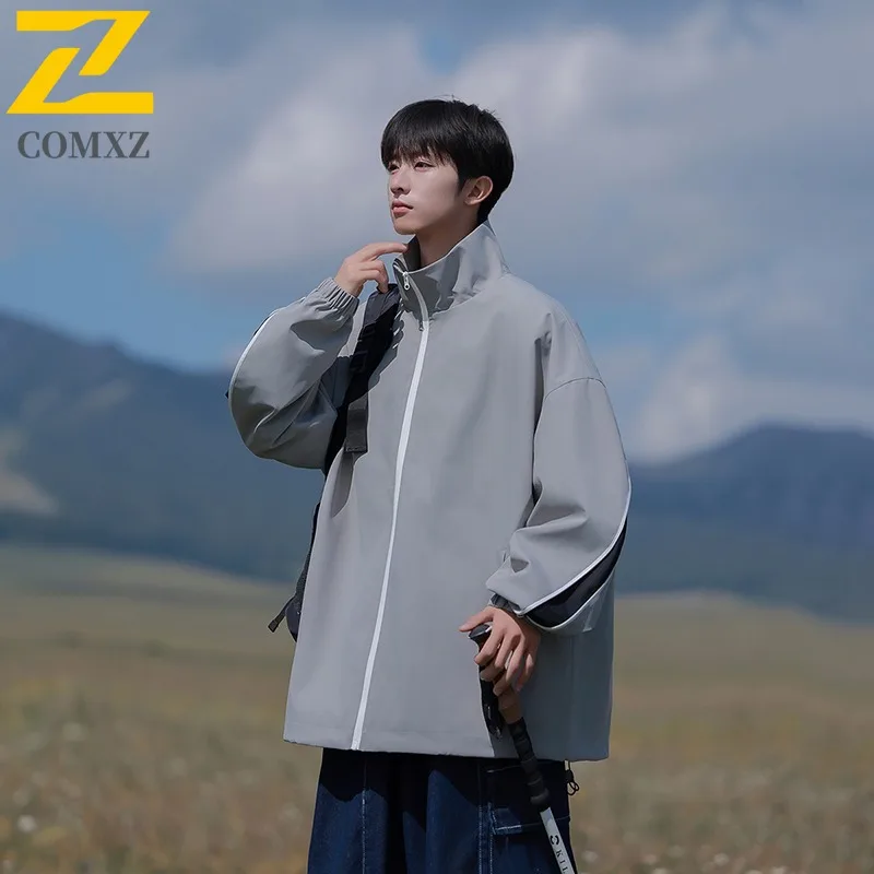 COMXZ 2024 Mens Loose Fit Sporty Windproof Jacket Color Block Casual Coat