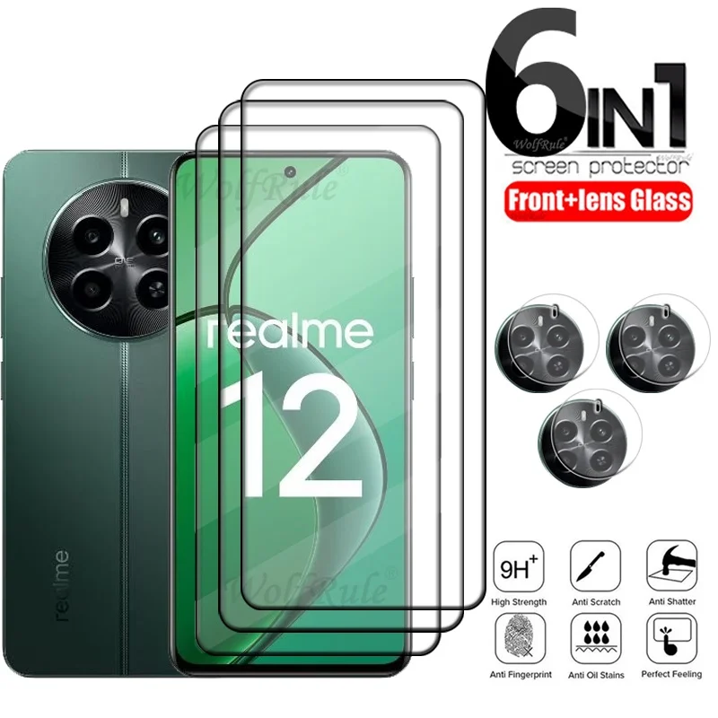 6-in-1 For Realme 12 Glass For OPPO Realme 12 Tempered Glass Full Cover HD 9H Screen Protector For Realme 12 Realme12 Lens Glass