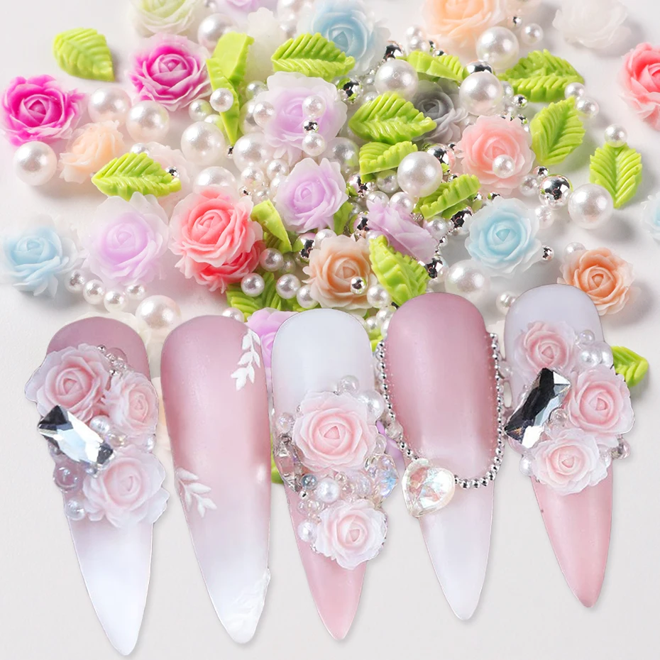 100/200pcs/Pack Mixed Resin Mini 3D Rose Flower Nail Art Charms - Featuring Fresh Flowers, Leaves, And a Mix of Pearls For DIY