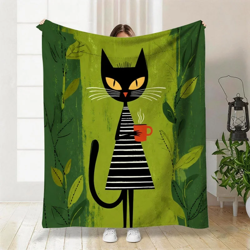Cute Cat Coffee Lover Throw Blanket Botanical Green Print Fleece Cozy Couch Decor Gift for Home Pet Owner Seasonal Decor