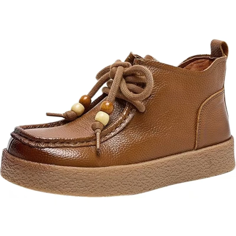 

Women Genuine Leather Lace Up Ankle Boots Spring Autumn New Soft Sole Non Slip Round Toe Retro High Top Flat Sole Casual Shoes