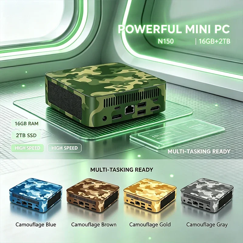 Intel N150 Mini PC-16GB+2TB High Speed Storage Dual HDMI 4K Output Gigabit Windows11 Compact MultiColor Design for Gaming Office