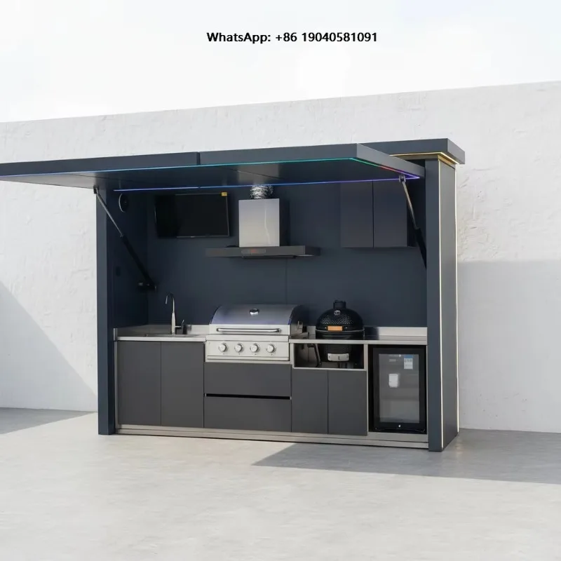 Modular Outdoor Kitchen Set with Roof Complete Stainless Steel BBQ Kitchen Cabinets for Luxury Garden Living Space