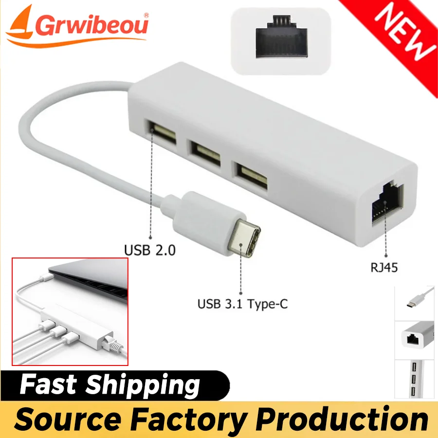 

100Mbps USB 3.1 HUB TYPE C To Ethernet Network LAN Adapter RJ45 USB-C with 3 Ports USB HUB Splitter for MacBook Pro Laptop