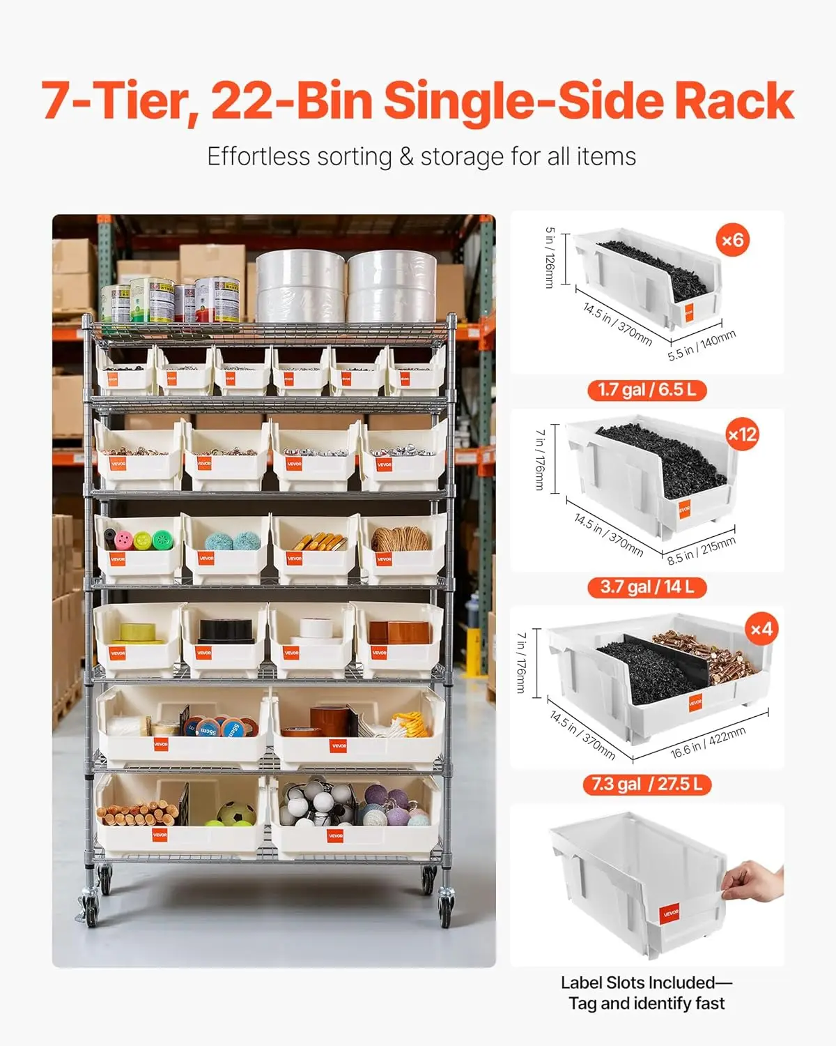 7-Tier Rolling Mobile Bin Storage Rack System 22 Organizer Bins Steel Wire Shelving with Wheels for  ized Storage