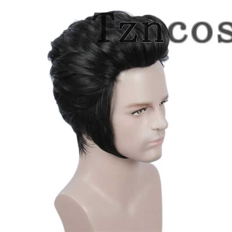 Tzncos Cosplay Elvis Nam 80 Tóc Giả Ngắn Đen Tóc Giả Hóa Trang Halloween Nam Tóc Giả Punk Kim Loại Nặng Đính Đá Tóc Giả tóc Xoăn