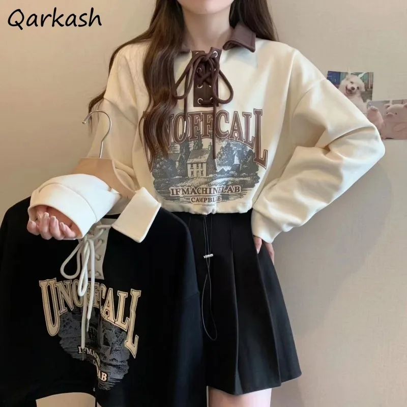 Hoodies Sweatshirts Women Vintage Panelled Turn-down Collar Female American Style Lace-up Oversize Loose All-match Print Stylish