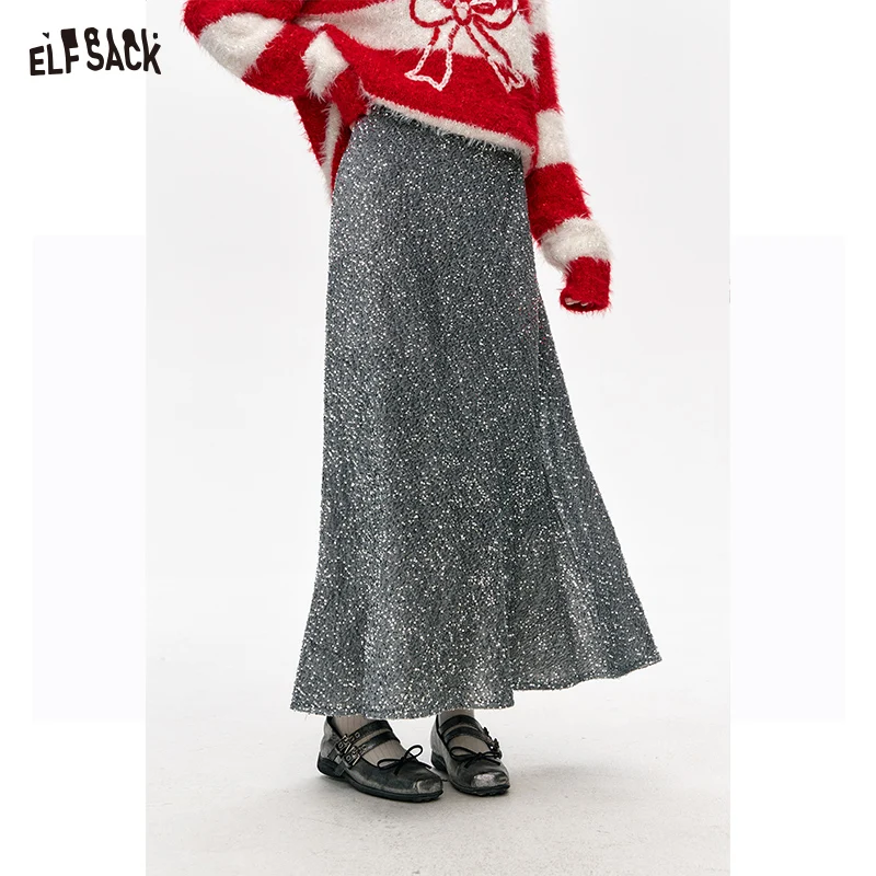 ELFSACK 2024 Winter New Arrivals Sequined Velvet High Waist Mid-Length Fishtail Skirt Women