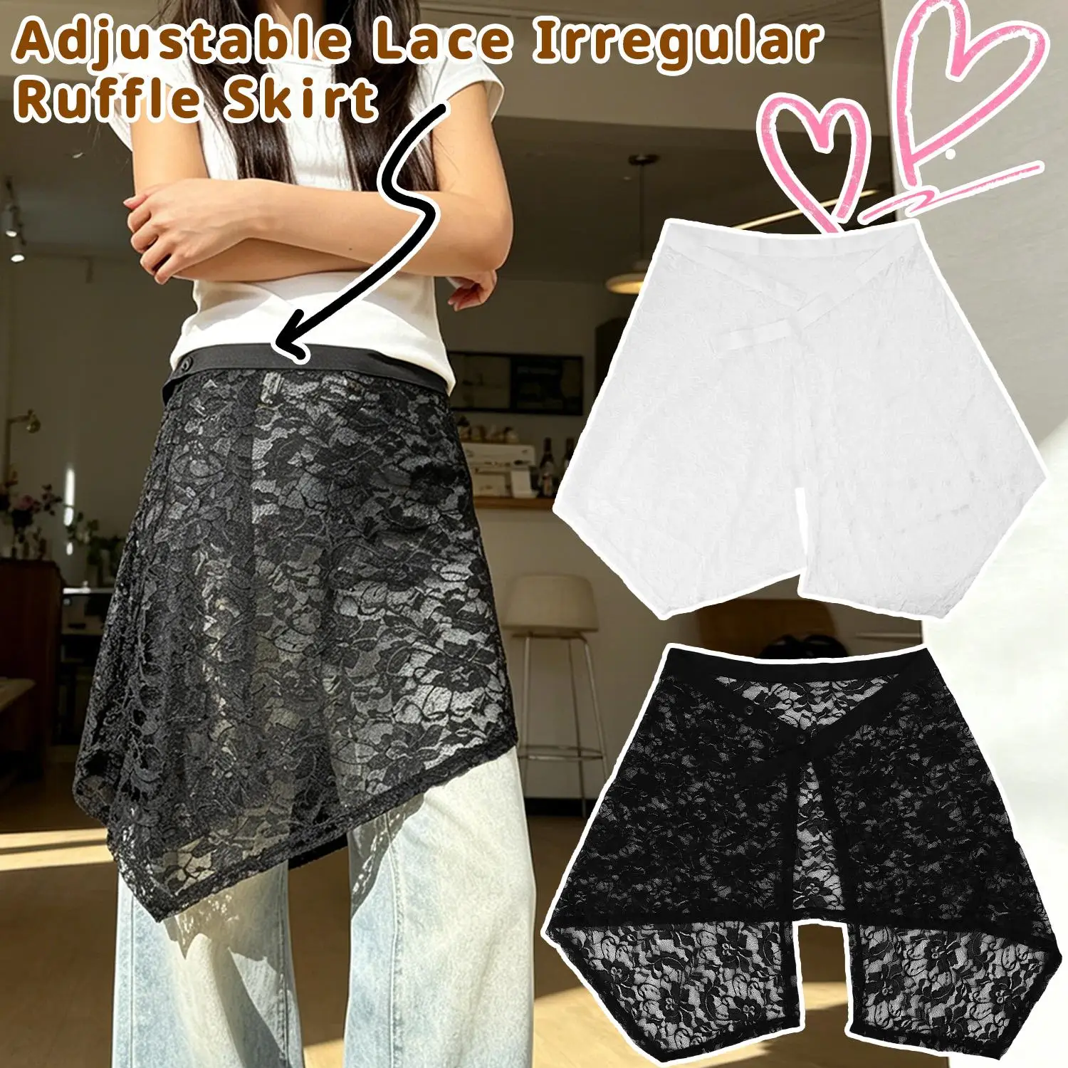 Irregular French Flower Lace Fart Curtain Skirt Spring Summer Women Black White Button Layered Skirt Dress Apron Shirt Extender