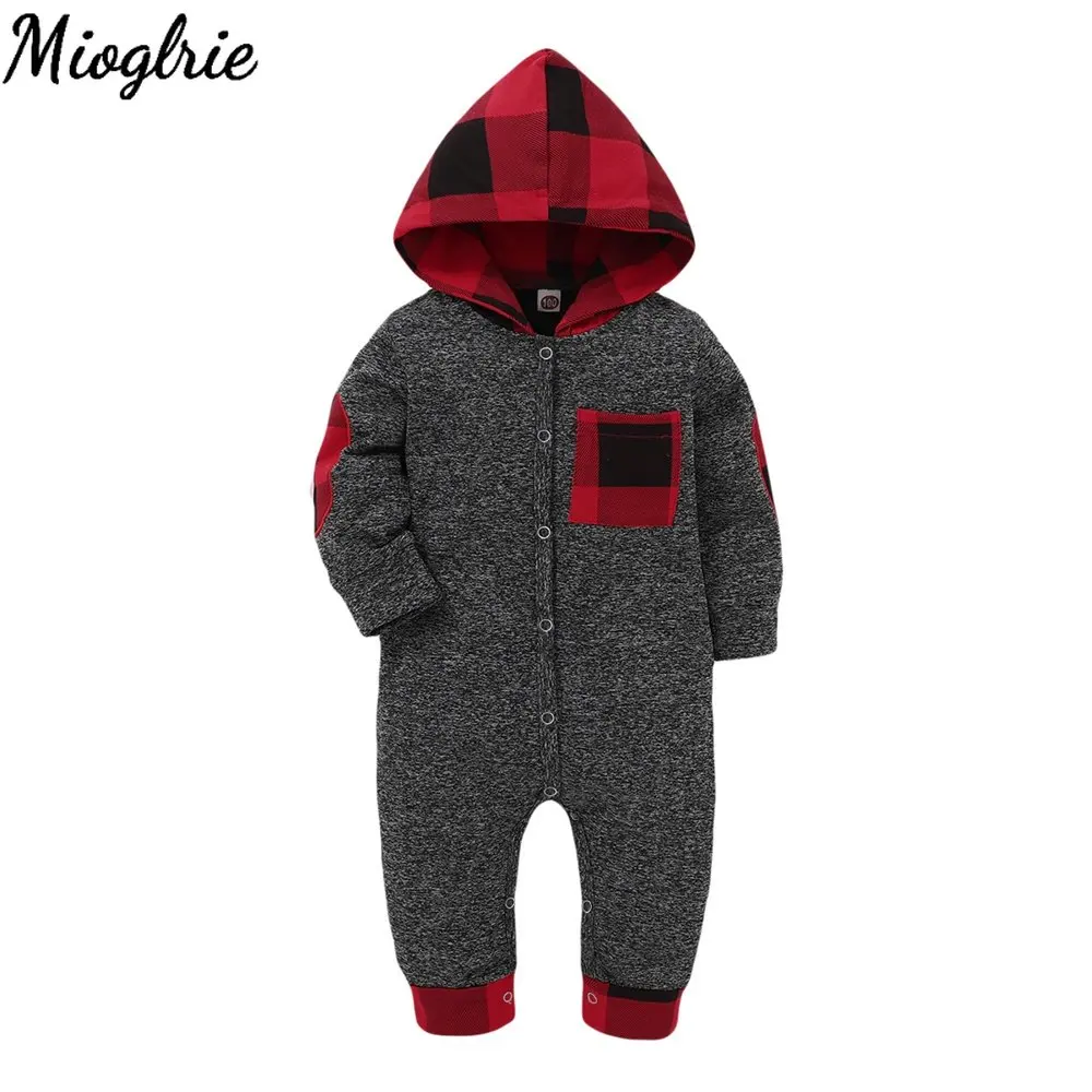 

Newborn Baby Boy Bodysuit Hooded Plaid Button Long Sleeve Romper Jumpsuit Toddler Boy Outfits Warm Clothes in Autumn and Winter