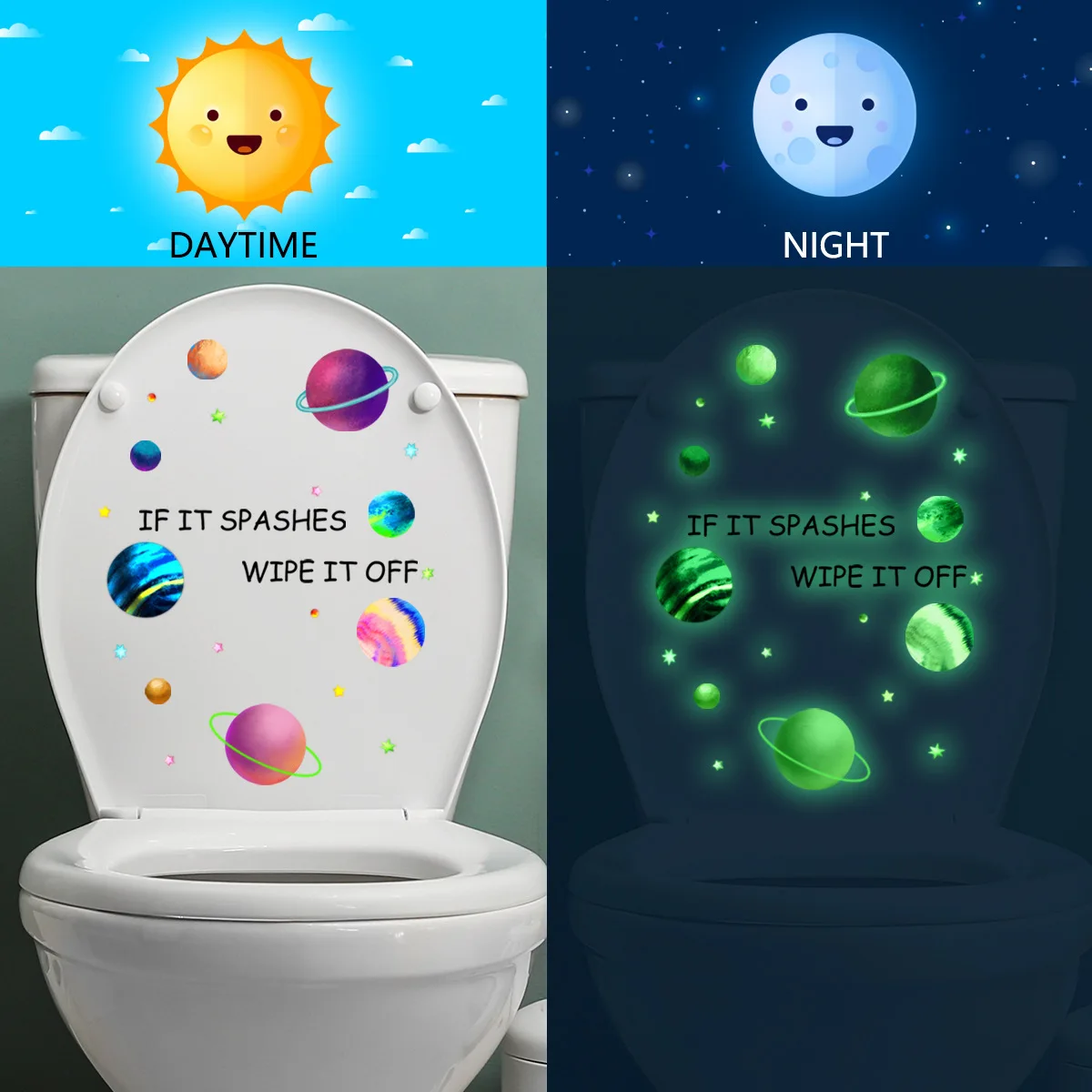 

15*28cm Luminous Planet Toilet Sticker Decorative Wall Sticker Backwall Bedroom Removable Living Room Bedroom Study Wall Sticker