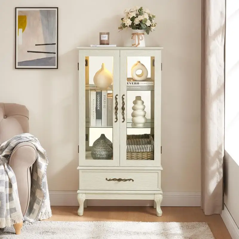 

Lighted Glass Curio Cabinet with Adjustable Shelves, 2 Doors, 1 Drawer, Sideboard with Bulb Included, Antique White Finish,