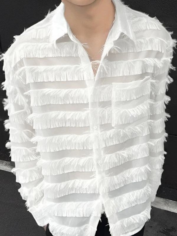 

Fringed Stripe Long Sve irt ex Club Hollow Design Loose Fit Outerwear oulder Sve Sle Youth ular