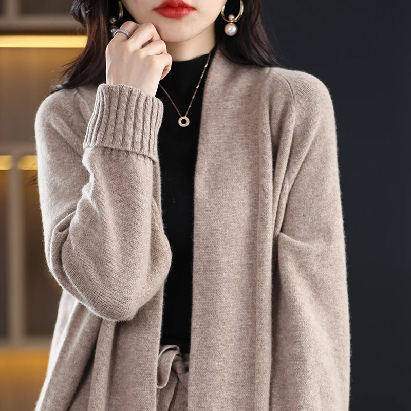 

Wool cardigan women's long 100% wool knitted coat loose Korean coat turned tie pocket cardigan autumn and winter2022ZEHANGSEA