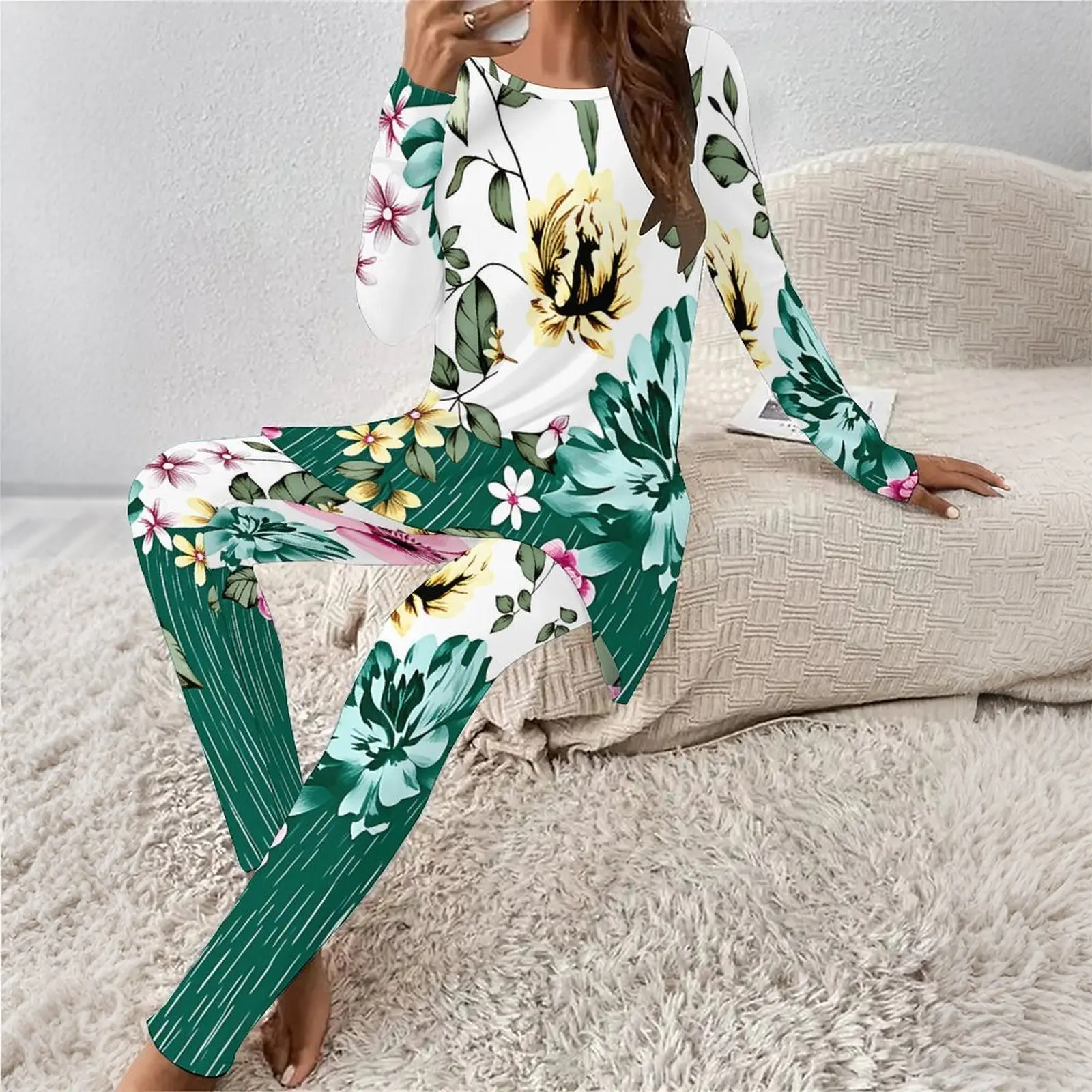 2 Piece Round Neck  Everyday Commuting Clothes  Beach Vacation Tight-fitting Sweatpants Women Print  Two Piece Set