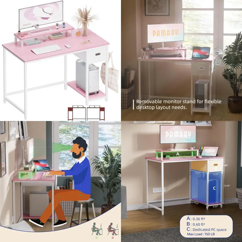 39 Inch Computer Desk with Monitor Stand - Compact Home Office Desk for Bedroom, Study Table with Storage Drawer for Small Space