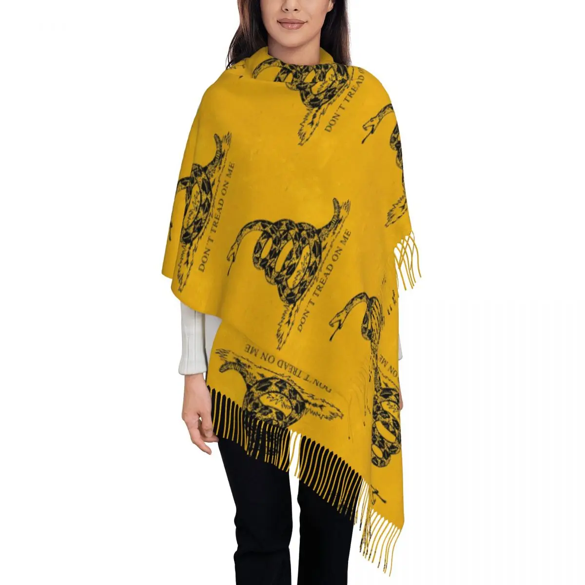 Libertarian Emblem - Vintage Black Don't Tread On Me Gadsden Flag Scarf Tassel Scarves Women Shawls and Wraps Winter Shawl Wrap