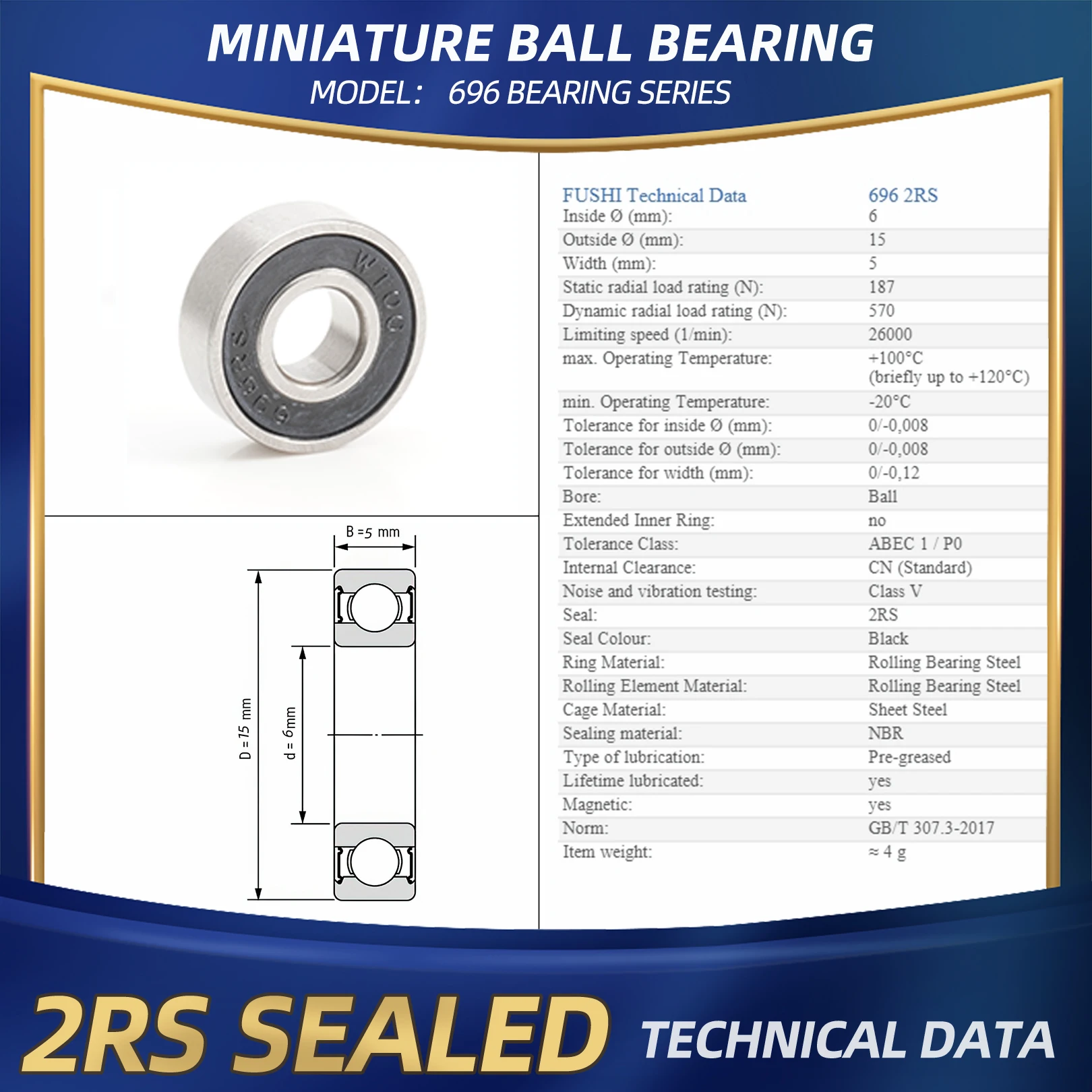 FUSHI 696 ZZ Bantalan 6X15X5 Mm 10 Buah 696ZZ RS 2RS Bantalan Handpiece Flange untuk Motor Industri Kuat Kecepatan Tinggi