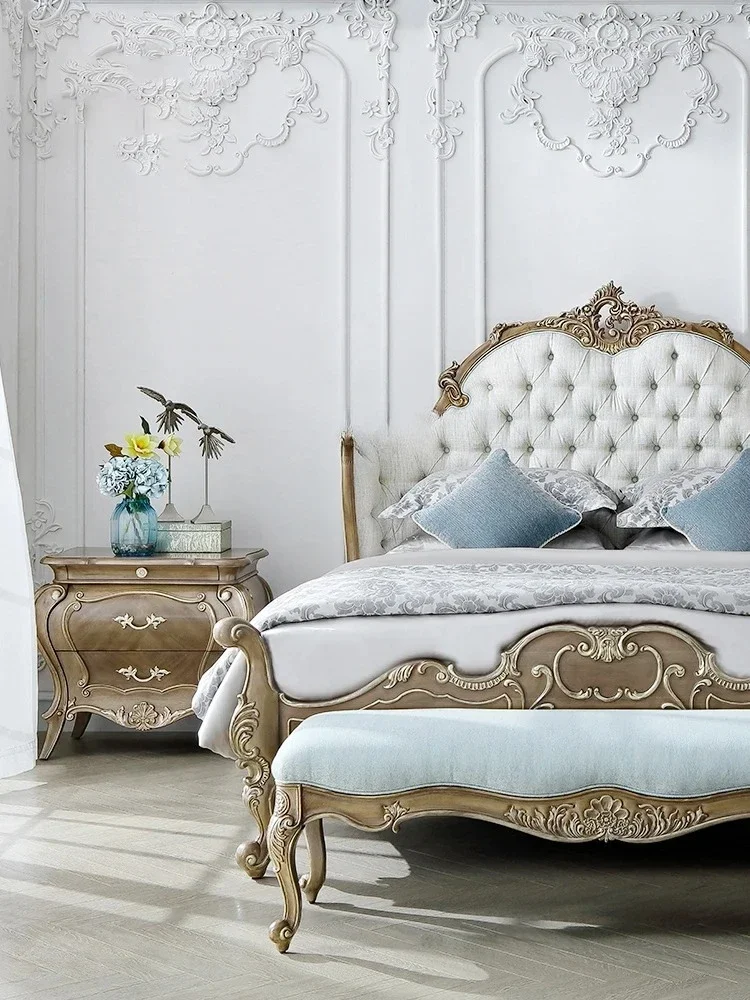 French Solid Wood Retro Soft Bag Double Bed Master Bedroom Large Bed Luxury Bed Antique Finish All Solid Wood