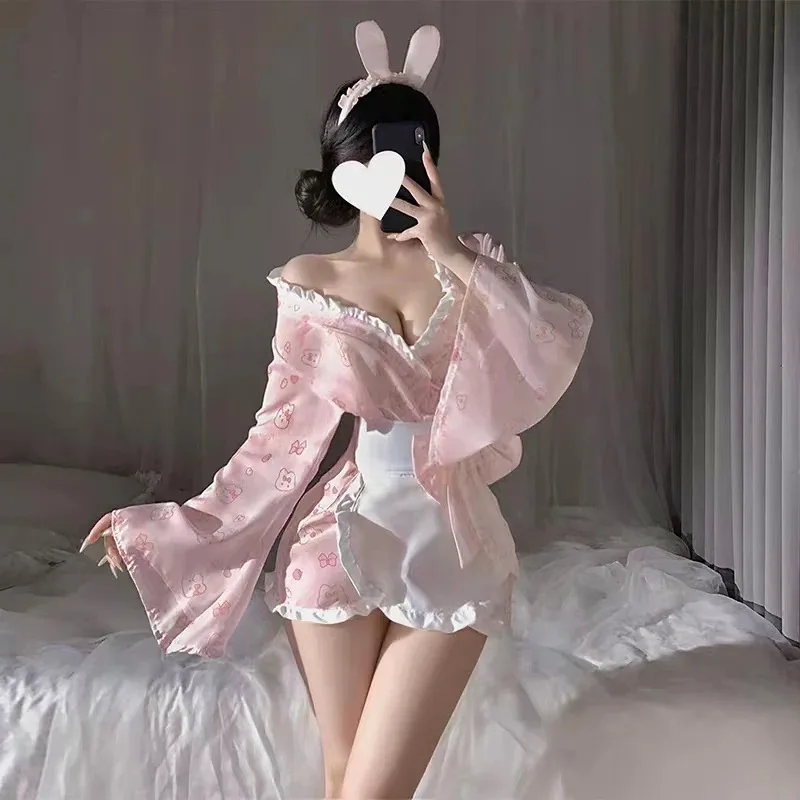 CyCute сексуальное японское кимоно стильное нижнее белье Kawaii розовый кролик с принтом заманчивая униформа соблазнительное платье горничной аниме костюмы для косплея