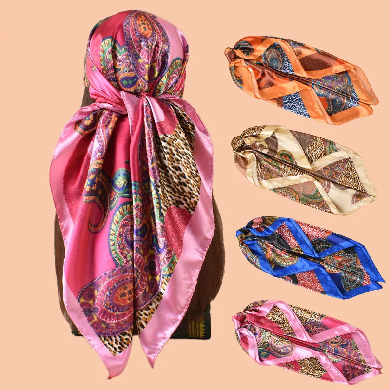 90*90cm Leoparden-Seidenschal mit Druckdesign, Großer Hijab, Modischer Quadratischer Damenschal, Kopftuch für Frauen, Bandana, Damen-Kopftuch