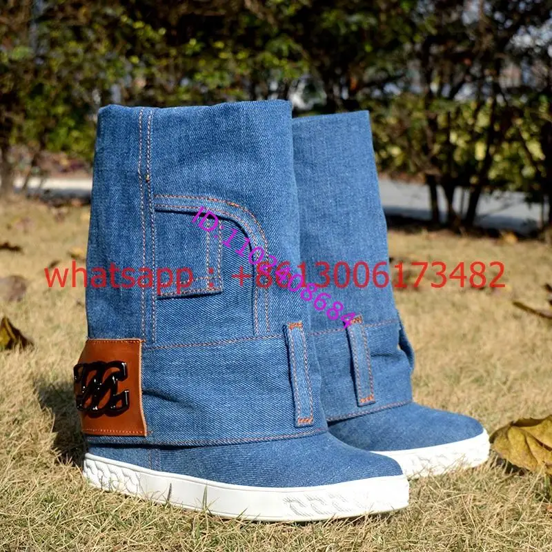 Real Photos Fashion Woman Blue Water Wash Denim Inner Wedge Heel Boots Woman Jean Boots