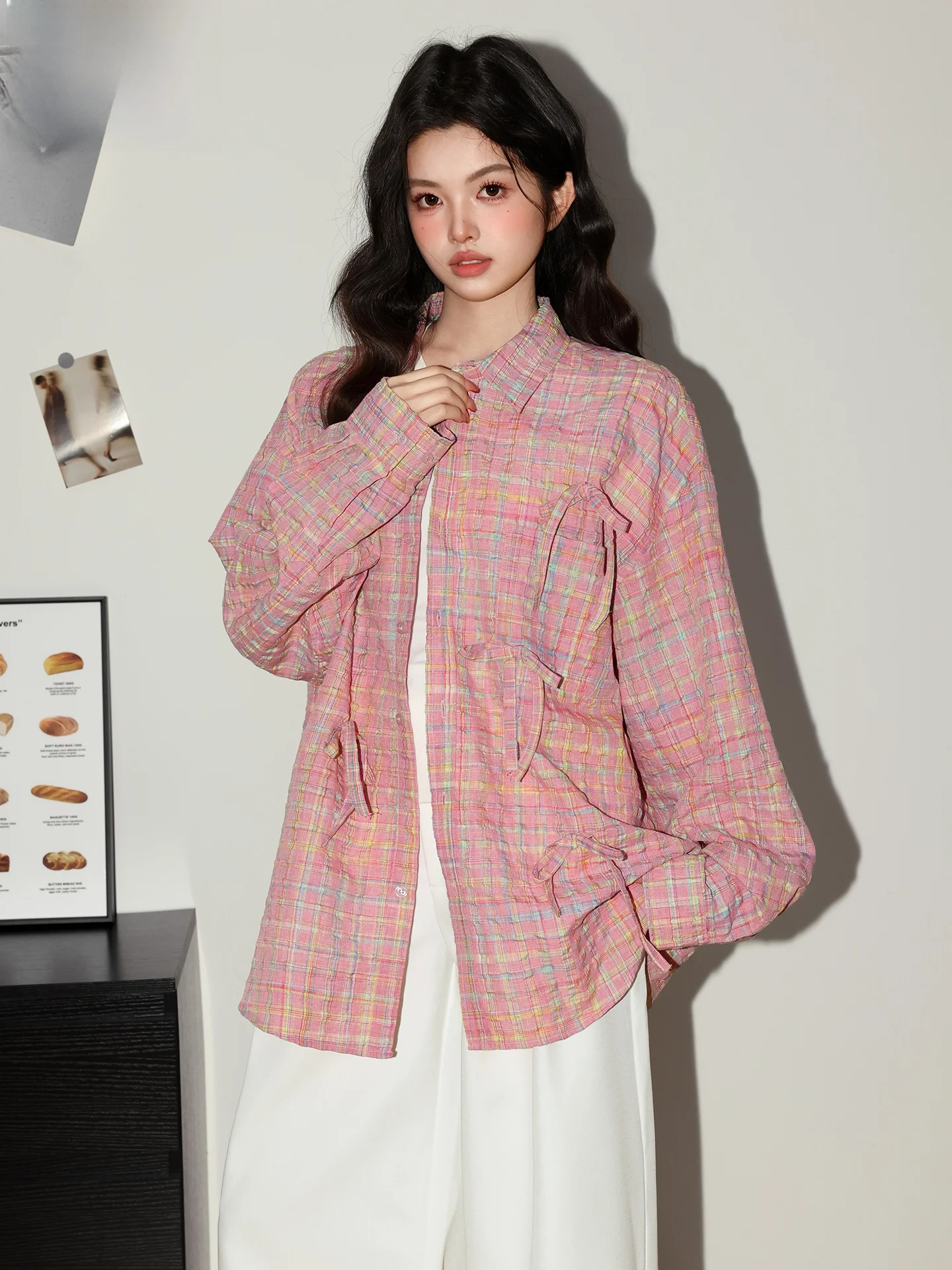 

Pink Plaid Knot Long Sleeve Loose Casual Shirt Women's Summer Slimming Design New Style Polyester Cotton Blend