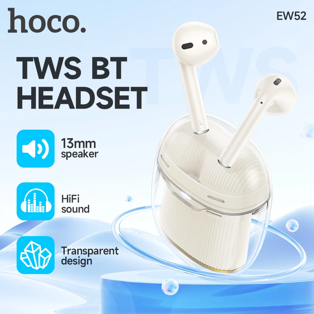 

HOCO EW52 True Wireless Earphone Bluetooth Headsets with Transparent Type C charging Case Hifi Sounds Music Audio player Earbuds
