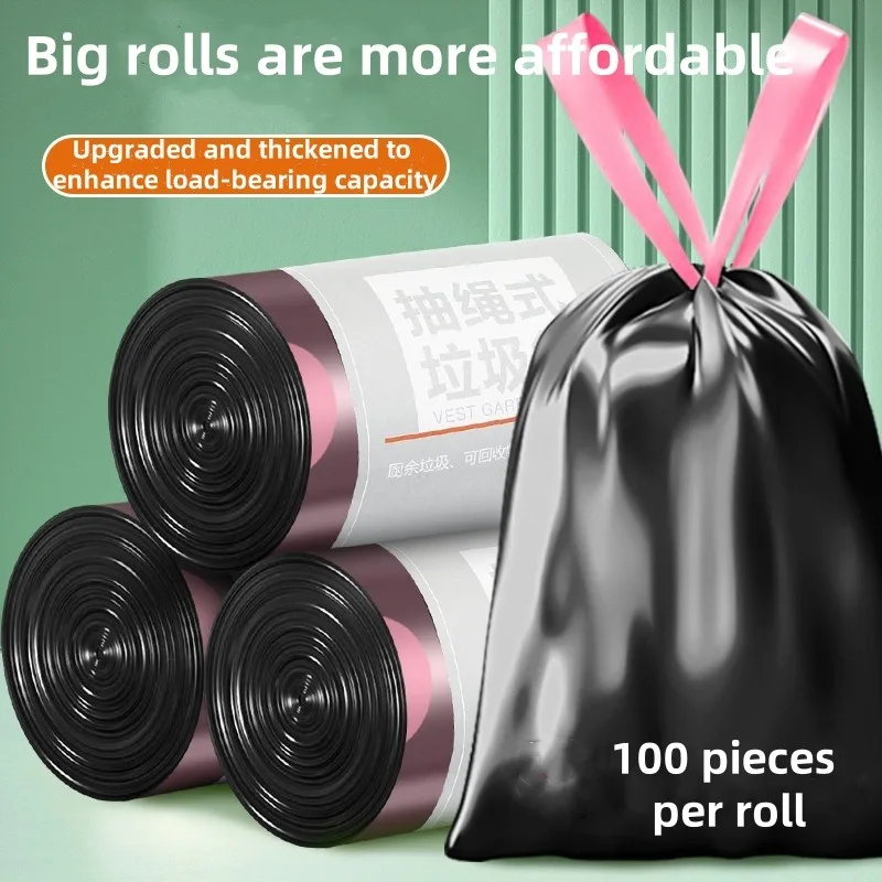 

1 Roll of 100pcs Household Portable Drawstring Garbage Bags, Thickened and Enlarged Kitchen Garbage Storage Bag