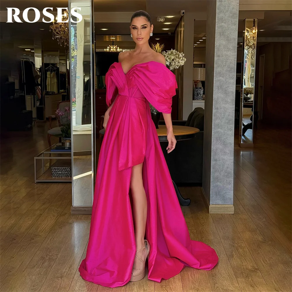 ROSES Hot Pink Prom Dresses Off the Shoulder Gala Dresses with Side Split Zipper Back Saudi Arabic Evening Party Gown Customized - view 4