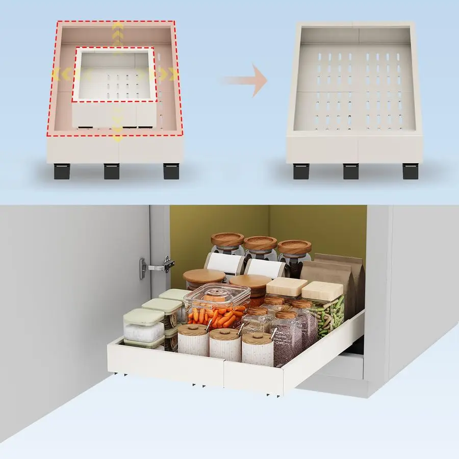 

out Cabinet Organizer,Expandable Width1116,Depth1317 with 3 Rails,Roll out Drawers,No Drill Adjustable Slide out Shelves for Kit