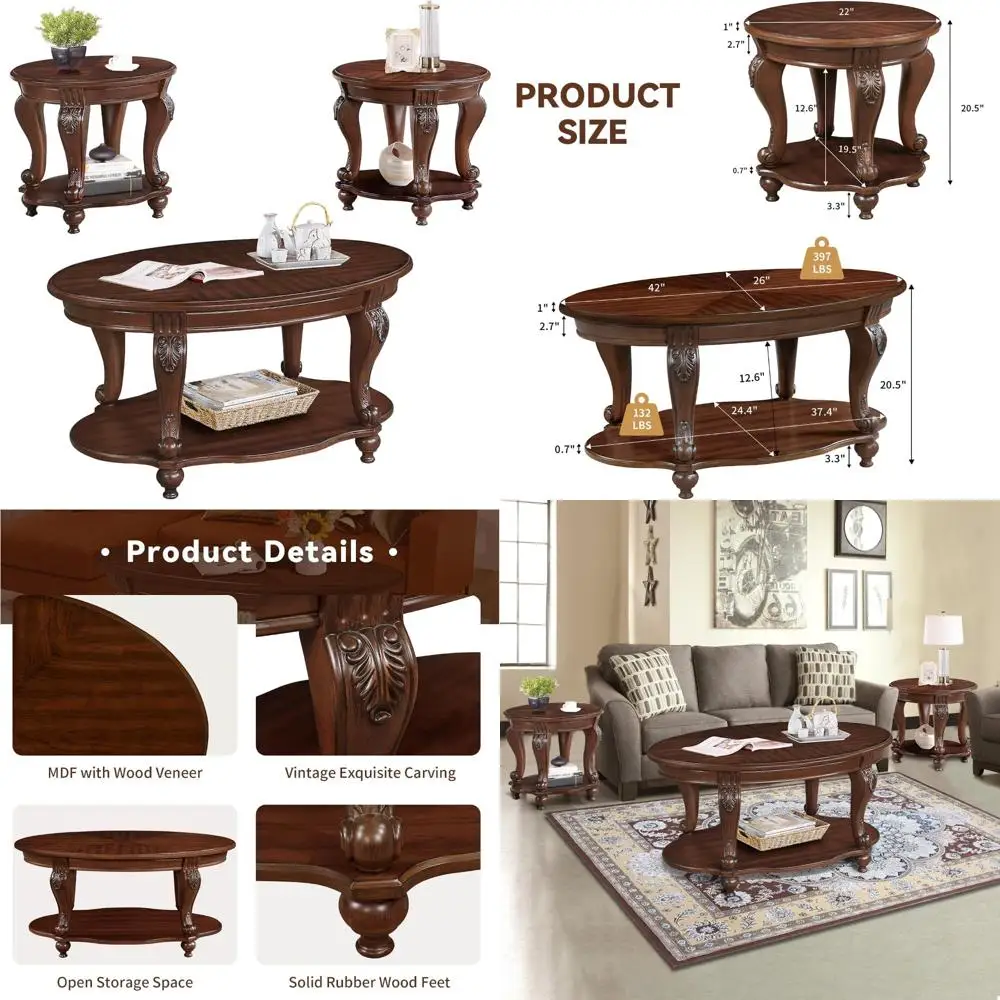 

Farmhouse Style Oval and Round Wood Coffee Table Set with Storage Shelf for Living Room, Elegant Antique Design