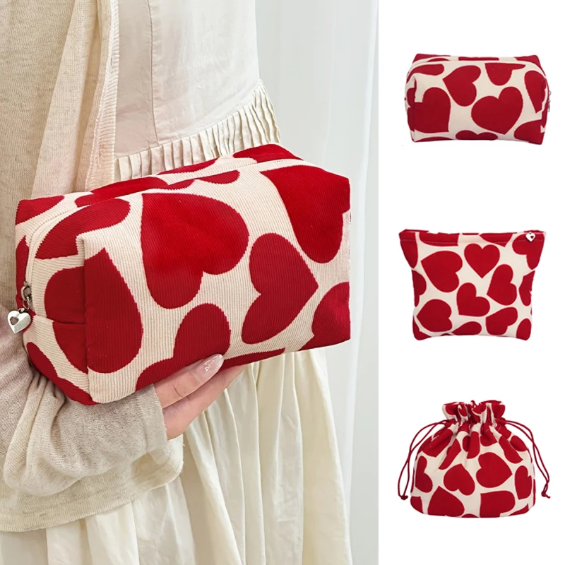 

Heart Print Large Capacity Makeup Bag Corduroy Cosmetic Organizer with Drawstring Portable Storage Bag for Women dropshipping